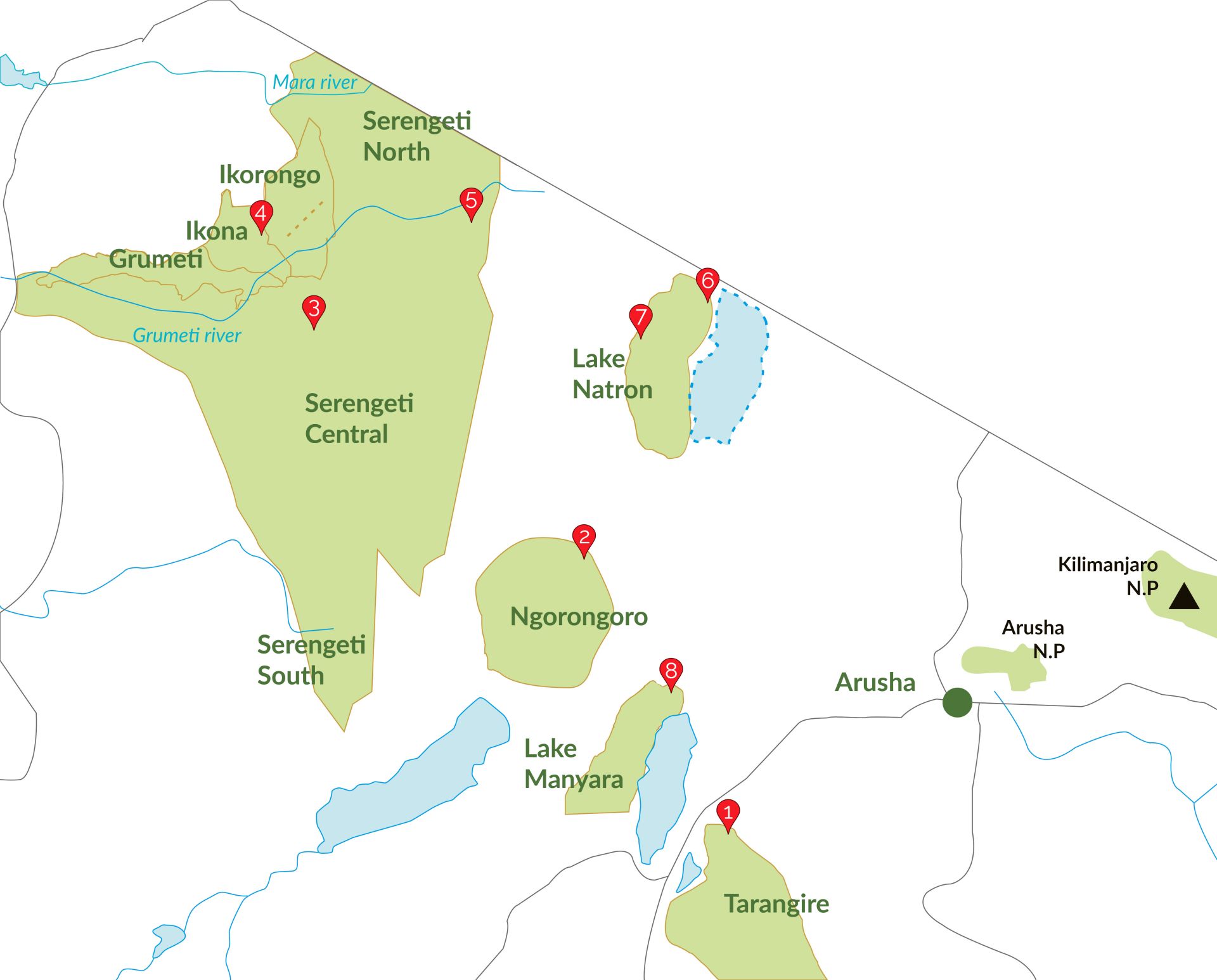 8 Dagen Safari in Tanzania kaart